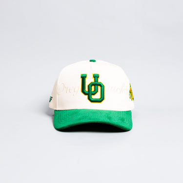 Oregon Ducks Stacked Letter Logo Hat Cream and Green Corduroy Snapback - Front Panel