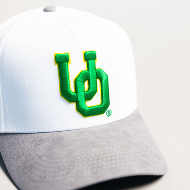 Oregon Ducks UO Hat White Grey Suede Brim Autzen Stadium Patch Snapback - Front Detail