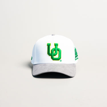Oregon Ducks UO Hat White Grey Suede Brim Autzen Stadium Patch Snapback - Front Panel