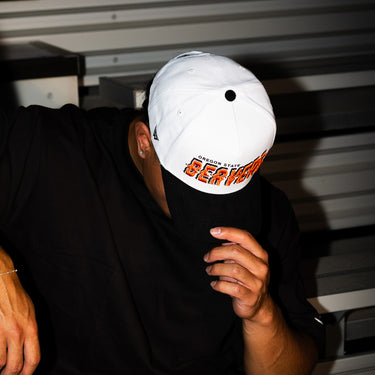 Oregon State Beavers Hat White & Black Corduroy Stadium Pulse Snapback - On Model Lifestyle