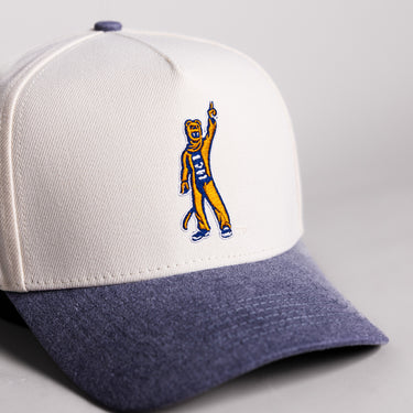 Penn State Nittany Lion Mascot Hat Cream Cotton Navy Suede Brim Happy Valley Patch Snapback - Front Detail