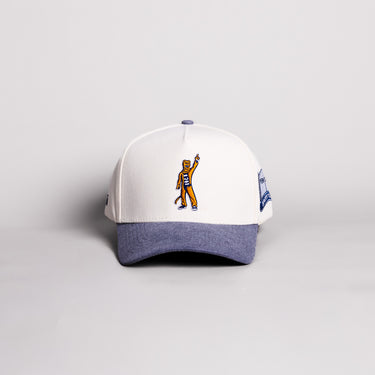 Penn State Nittany Lion Mascot Hat Cream Cotton Navy Suede Brim Happy Valley Patch Snapback - Front Panel