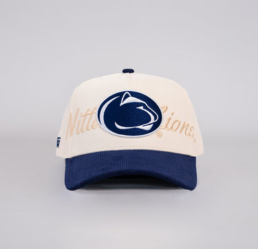 Penn State Nittany Lions Cream and Blue Corduroy Snapback Hat with Script Embroidery - Front Panel