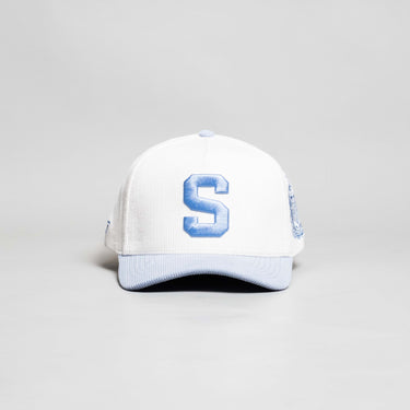 Samoa Hat White and Powder Blue Corduroy S Snapback - Front Panel
