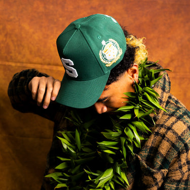 Samoa S Hat Green White Logo Gold Coat of Arms Patch Snapback - On Model Lifestyle