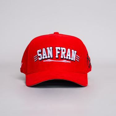 San Fran Hat Red Suede Snapback with Bridge Embroidery - Front Panel