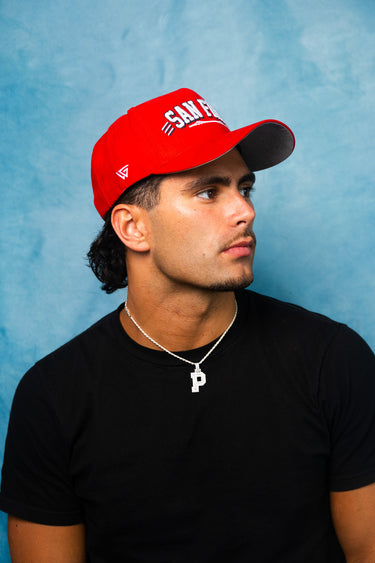 San Fran Hat Red Suede Snapback with Bridge Embroidery - On Model Lifestyle