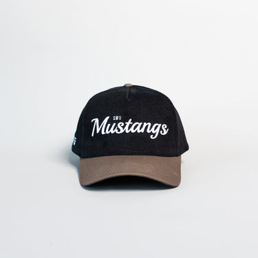 SMU Mustangs Hat Black Corduroy Brown Suede Brim Snapback Vintage Logo - Front Panel