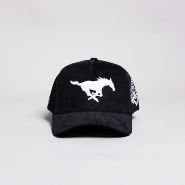 SMU Mustangs Hat Black Corduroy White Mustang Logo Side Patch Snapback - Front Panel