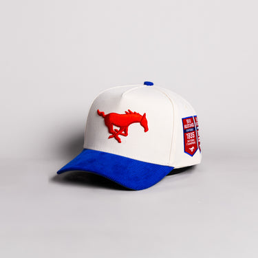 SMU Mustangs Hat Cream Cotton Royal Blue Corduroy Brim Championship Banners Snapback - Angled View
