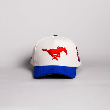 SMU Mustangs Hat Cream Cotton Royal Blue Corduroy Brim Championship Banners Snapback - Front Panel