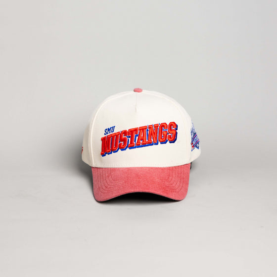 SMU Mustangs Hat Cream & Red Sun Fade Snapback - Front Panel