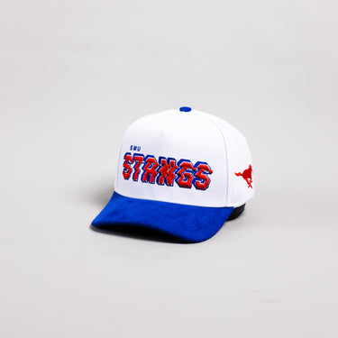 SMU Mustangs Hat White & Royal Blue Corduroy Stadium Pulse Snapback - Angled View