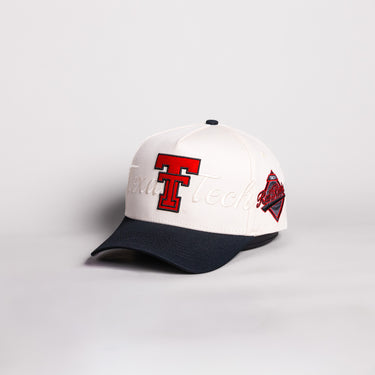 Texas Tech Double T Hat Cream Cotton Black Brim Red Raiders Script Snapback - Angled View