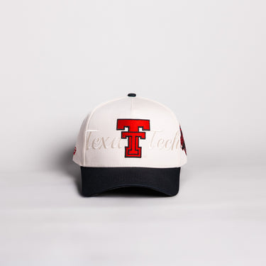 Texas Tech Double T Hat Cream Cotton Black Brim Red Raiders Script Snapback - Front Panel