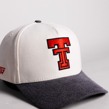 Texas Tech Double T Hat Cream Cotton Charcoal Brim Raider Power Patch Snapback - Front Detail