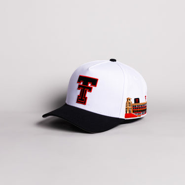 Texas Tech Double T Hat White Cotton Black Brim Jones Stadium Snapback - Angled View