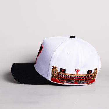 Texas Tech Double T Hat White Cotton Black Brim Jones Stadium Snapback - Side Stadium Embroidery