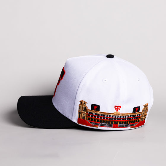 Texas Tech Double T Hat White Cotton Black Brim Jones Stadium Snapback - Side Stadium Embroidery