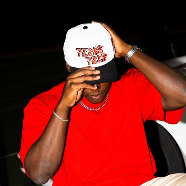 Texas Tech Red Raiders Hat White & Black Corduroy Stadium Pulse Snapback - On Model Lifestyle