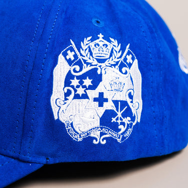 Tonga Blue Suede Snapback Hat with White T Logo and Coat of Arms Patch - Side Patch Detail