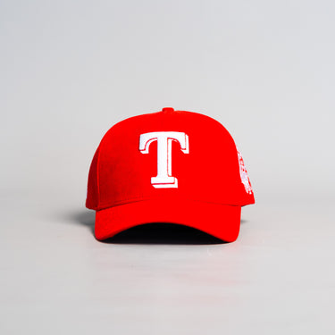 Tonga Red Suede Snapback Hat with White T Logo and Coat of Arms Patch - Front Panel