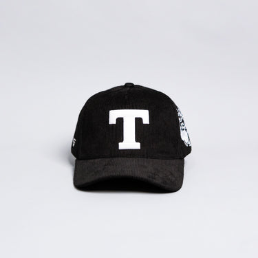 Tonga T Hat Black Corduroy Brim White Logo Coat of Arms Patch Snapback - Front Panel