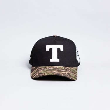 Tonga T Hat Black Polynesian Camo Brim White Logo Coat of Arms Snapback - Front Panel