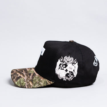 Tonga T Hat Black Polynesian Camo Brim White Logo Coat of Arms Snapback - Side Patch