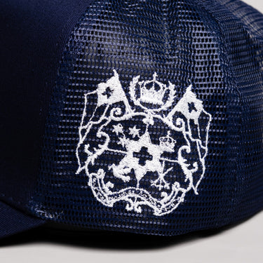 Tonga Trucker Hat Navy Mesh Snapback with T Logo - Side Crest Detail