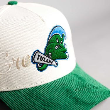 Tulane Green Wave Hat Cream & Green Corduroy Stacked Script - Front Detail