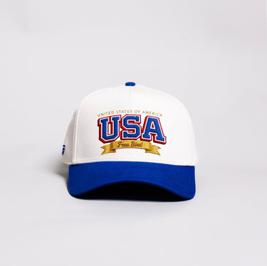 USA Golden Goal Hat Cream & Royal Blue Free Bird Banner Snapback - Front Panel