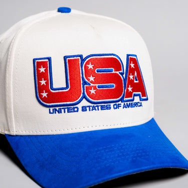USA Hat Cream & Royal Blue Suede Brim Eagle Shield Patch Snapback - Front Detail