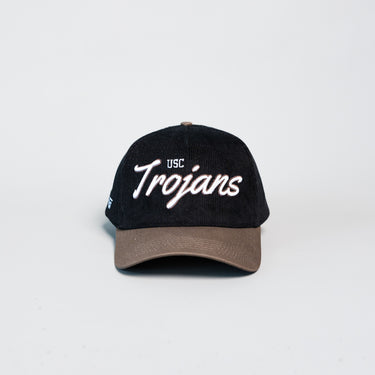 USC Trojans Hat Black Cotton Tan Suede Brim Script Snapback College USC - Front Panel
