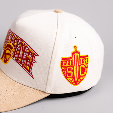USC Trojans Hat Cream & Tan Suede SC Patch Snapback - Side Patch Detail
