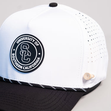 USC Trojans Hat White & Black Tee Box Performance Rope Snapback - Front Detail Angled