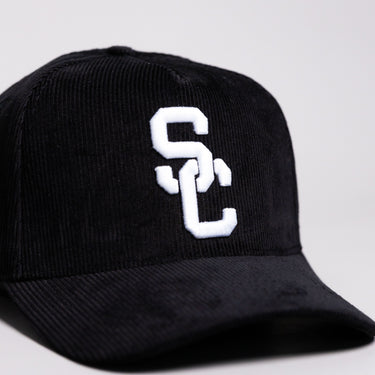 USC Trojans Interlock Hat Black Corduroy White Logo Side Patch Snapback - Front Detail