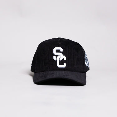 USC Trojans Interlock Hat Black Corduroy White Logo Side Patch Snapback - Front Panel