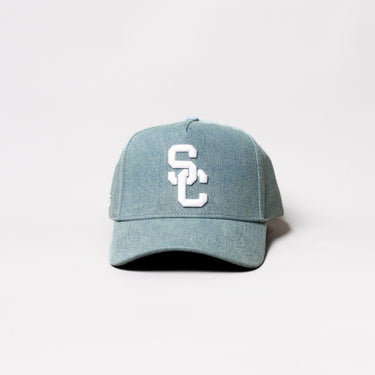 USC Trojans SC Hat Light Blue Denim White Logo Fight On Back Snapback - Front Panel