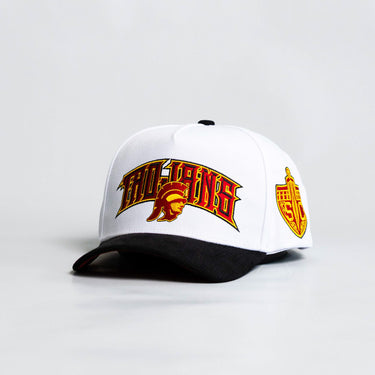 USC Trojans SC Patch Hat White Black Corduroy Snapback - Angled View