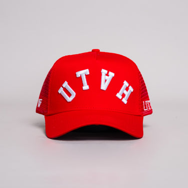 Utah Mesh Trucker Hat Red Snapback with Bold UTAH Script - Front Panel