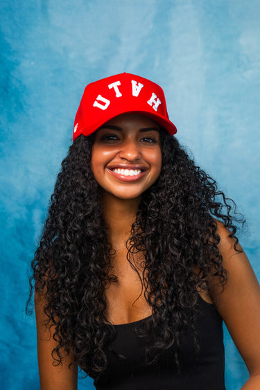Utah Mesh Trucker Hat Red Snapback with Bold UTAH Script - On Model Lifestyle