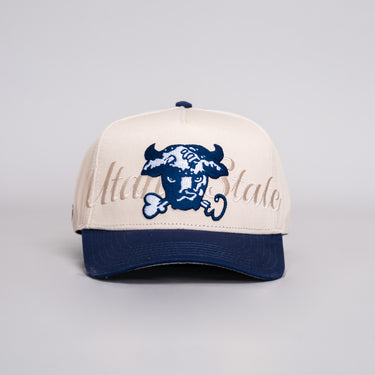 Utah State Aggies Bull Hat Cream & Navy Writtn Snapback - Front Panel