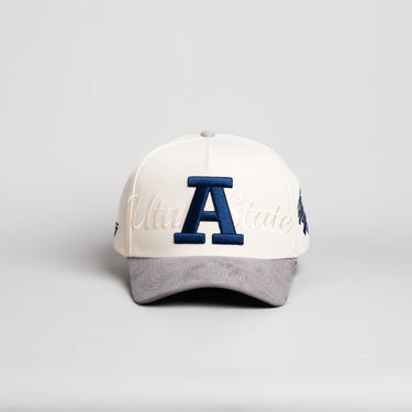 Utah State Aggies Hat Cream & Grey Suede Stacked Script - Front Panel
