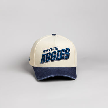 Utah State Aggies Hat Cream & Navy Tilt Snapback - Front Panel