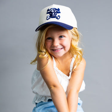 Utah State Aggies Kids Hat Cream and Navy Bull Snapback - On Model Lifestyle