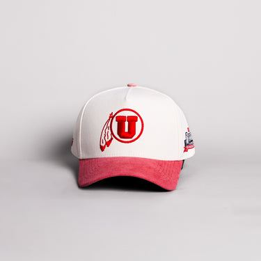 Utah Utes Drum and Feather Hat Cream Cotton Red Suede Brim Rice-Eccles Stadium Snapback - Front Panel