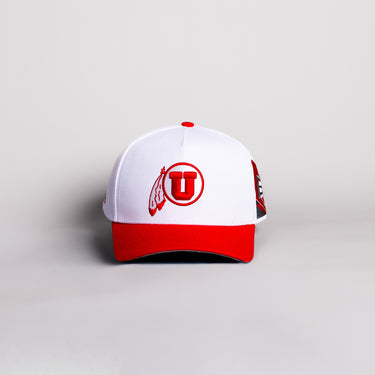Utah Utes Drum and Feather Hat White Cotton Red Brim Rice-Eccles Stadium Snapback - Front Panel