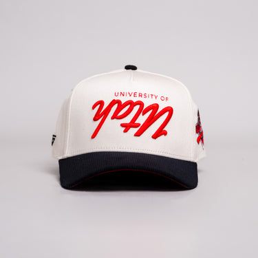Utah Utes Flip the Script Hat Cream & Black Upside Down Script Snapback - Front Panel