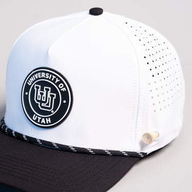 Utah Utes Hat White & Black Tee Box Performance Rope Snapback - Front Detail